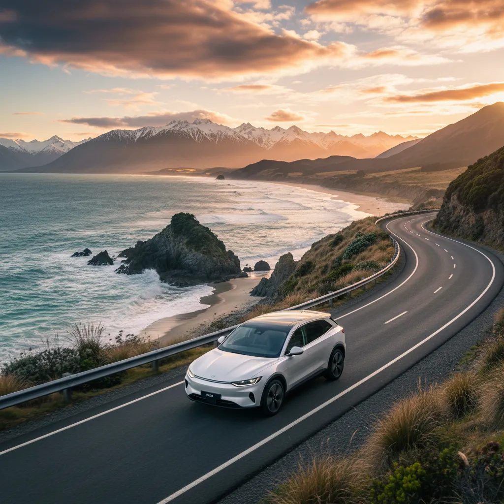 Winding coastal road and car