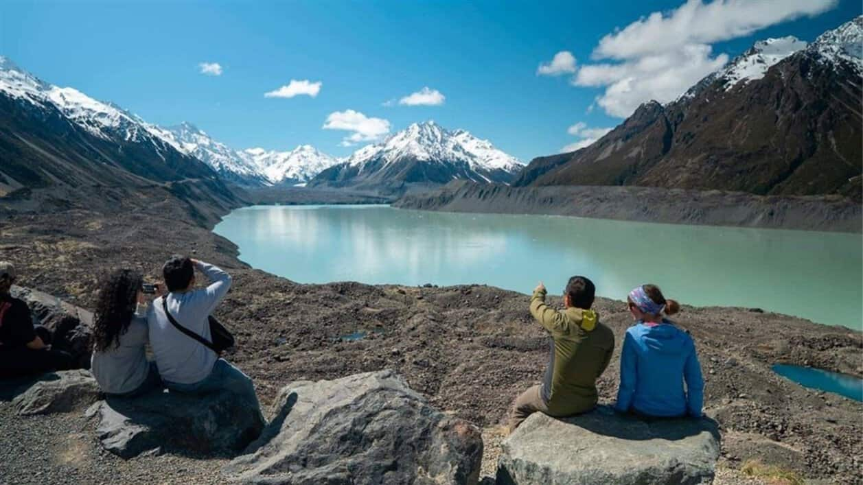 Couple sitting overlooking turquoise lake