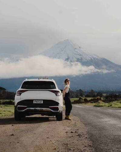 Road trip car stopping at Mt Taranaki